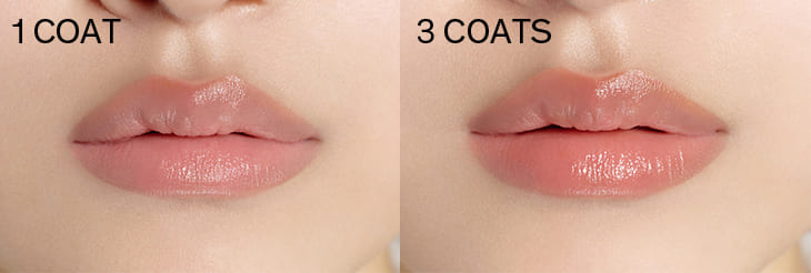 COAT1 - COAT3 / 퍼펙팅 립컬러 NO.310 Terra를 1번 바른 입술과 3번 덧바른 입술과 제형