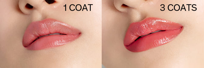 COAT1 - COAT3 / 퍼펙팅 립컬러 NO.999 Rose를 1번 바른 입술과 3번 덧바른 입술과 제형