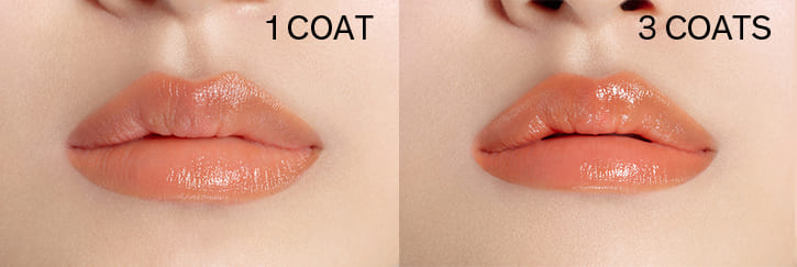 COAT1 - COAT3 / 퍼펙팅 립컬러 NO.520 Amber를 1번 바른 입술과 3번 덧바른 입술과 제형