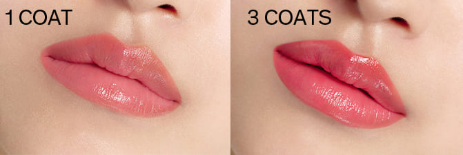 COAT1 - COAT3 / 퍼펙팅 립컬러 NO.460 Berry를 1번 바른 입술과 3번 덧바른 입술과 제형