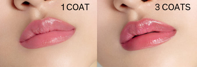COAT1 - COAT3 / 퍼펙팅 립컬러 NO.370 Peony를 1번 바른 입술과 3번 덧바른 입술과 제형