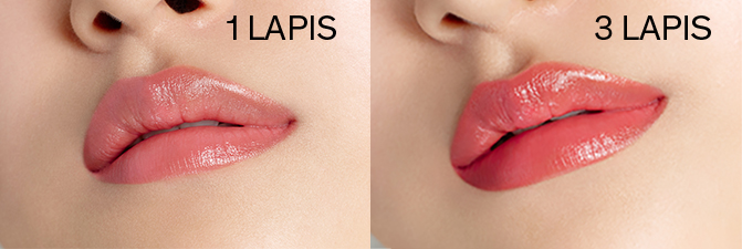 1 COAT - 3 COATS / A model with Perfecting Lip Color NO.999 Rose 1coat and 3coats lips, Texture