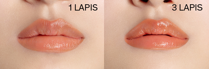 1 COAT - 3 COATS / A model with Perfecting Lip Color NO.520 Amber 1coat and 3coats lips, Texture