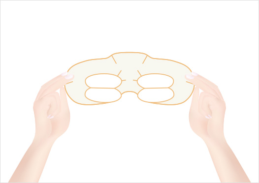 STEP1 - Take the Eye Mask out from the tray, then carefully remove the protective film on the back. Make sure the concave part of the Eye Mask is pointing upwards, then fold the eye flaps down.