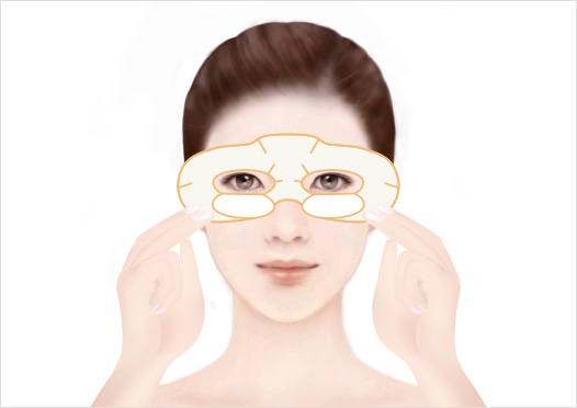 STEP2 - Hold the Eye Mask on both ends with your fingers, carefully align your eyes and nose with the Eye Mask, then place the mask on your face to fit around your eyes.