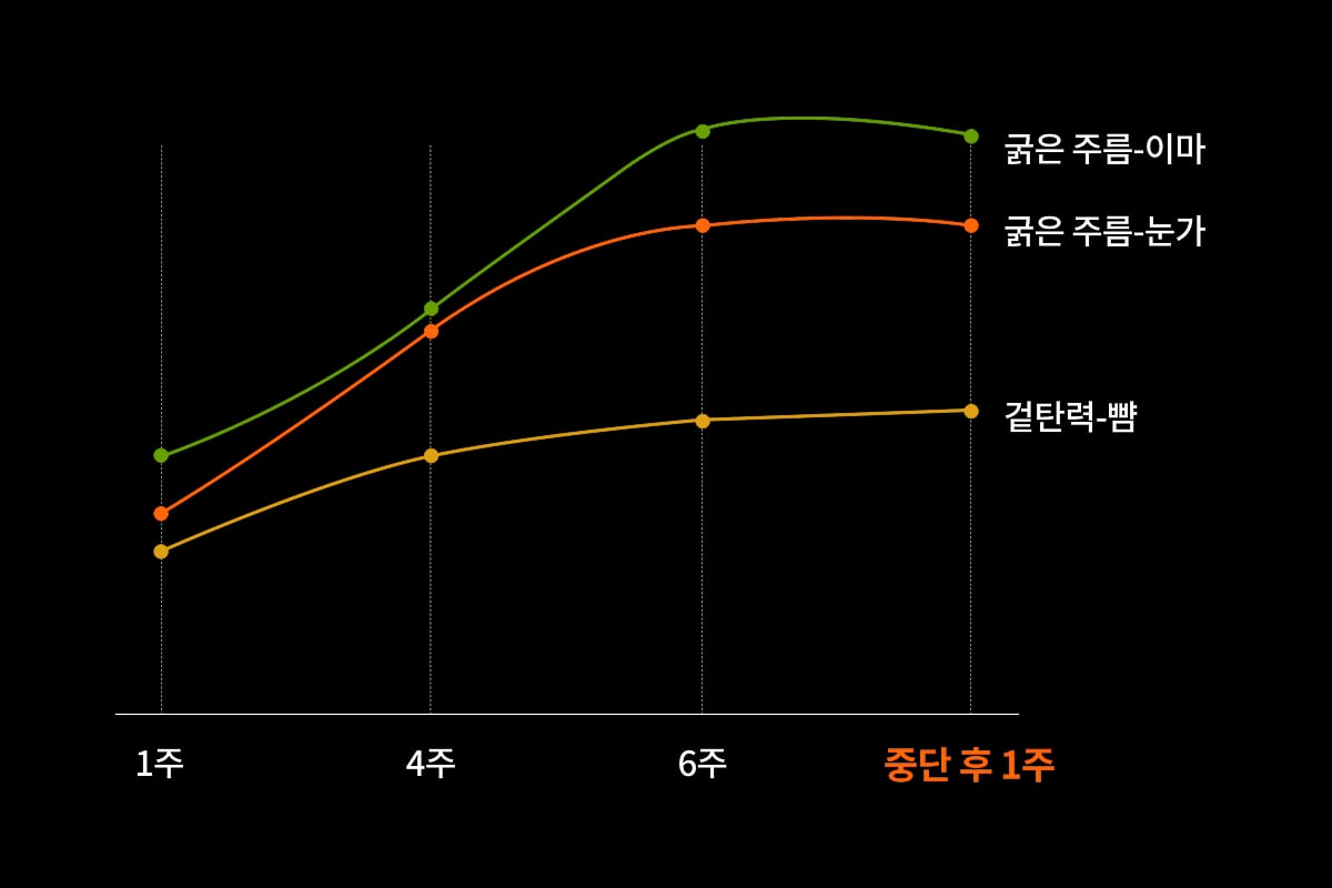 1주, 4주, 6주, 그리고 중단 후 1주 시점의 굵은 주름(이마와 눈가)과 겉탄력(뺨) 개선 정도를 보여주는 그래프로, 설화수 자음생크림의 효과를 시각적으로 나타냅니다.