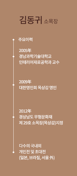김동귀 소목장 주요이력 그래프 - 2005년 경남과학기술대학교 인테리어재료공학과 교수 / 2009년 대한명인회 목상감 명인 / 2012년 경상남도 무형문화재 제 29호 소목장(목상감)지정 /  다수의 국내외 개인전 및 초대전 (일본,브라질,서울 外)