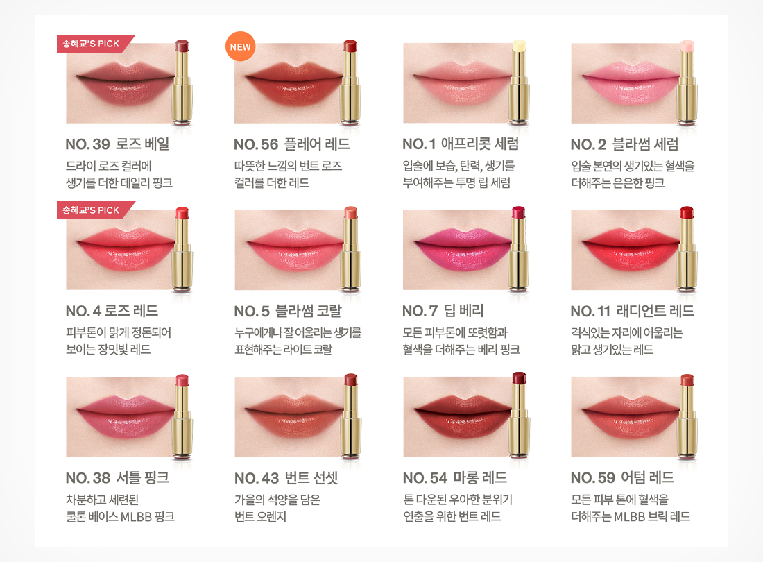 39호 로즈 베일 드라이 로즈 컬러에 생기를 더한 데일리 핑크, 56호 플레어 레드 따뜻한 느낌의 번트 로즈 컬러를 더한 레드, 1호 애프리콧 세럼 입술에 보습, 탄력, 생기를 부여해주는 투명 립 세럼, 2호 블라썸 세럼 입술 본연의 생기있는 혈색을 더해주는 은은한 핑크, 04호 로즈 레드 피부톤이 맑게 정돈되어 보이는 장밋빛 레드, 05호 블라썸 코랄 누구에게나 잘 어울리는 생기를 표현해주는 라이트 코랄, 07호 딥 베리 모든 피부톤에 또렷함과 혈색을 더해주는 베리 핑크, 11호 래디언트 레드 격식있는 자리에 어울리는 맑고 생기있는 레드, 38호 셔틀 핑크 차분하고 세련된 쿨톤 베이스 MLBB 핑크, 43호 번트 선셋 가을의 석양을 담은 번트 오렌지, 54호 마롱 레드 톤 다운된 우아한 분위기 연출을 위한 번트 레드, 59호 어텀 레드 모든 피부 톤에 혈색을 더해주는 MLBB 브릭 레드