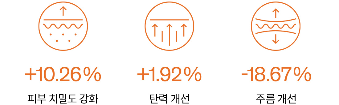피부 치밀도 강화 +10.26% / 탄력 개선 +1.92% / 주름 개선 -18.67%