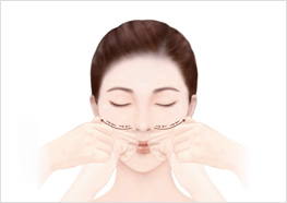 STEP3 - 콧방울 옆에서 귀 중앙까지 볼살 부위를 꼬집듯이 집어줍니다.