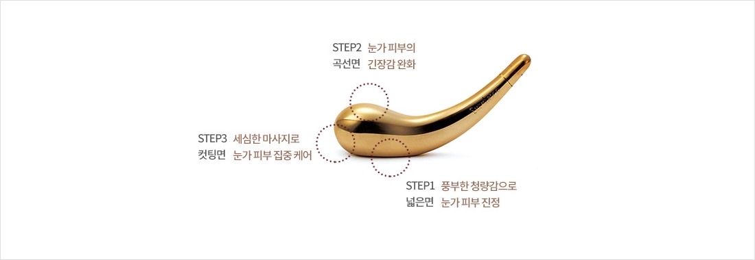 STEP1 풍부한 청량감으로 넓은면 순환을 촉진해 부기 완화
STEP2 눈가 피부의 곡션면 긴장감 완화
STEP3 세심한 집중 케어로 컷팅면 주름개선 효과 선사
STEP4 눈가 노화를 되돌리는 지압봉 6개 혈점 지압