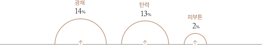 제품 사용 후 광채가 14%, 탄력이 12% 향상되고, 멜라닌이 9% 감소한 그래프