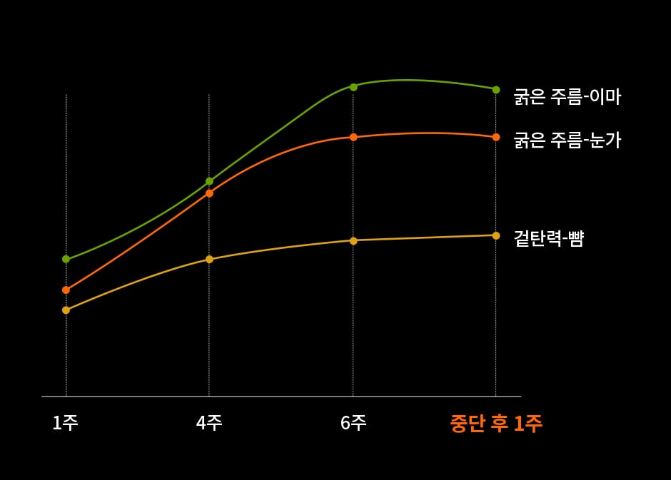 농축 인삼 윤조 크림 리치 사용 후 1주, 4주, 6주, 그리고 중단 후 1주 시점에서 이마, 눈가 굵은 주름과 뺨 겉 탄력 변화를 보여주는 그래프로, 시간 경과에 따른 제품 효과를 시각적으로 나타냅니다.
