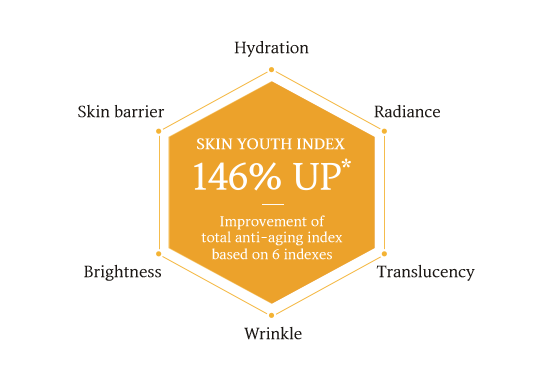 Total anti-aging index that intuitively shows Sulwhasoo’s skin improvement Based on 6 indexes of Hydration / Radiance / Translucency / Wrinkle reduction / Brightness / Skin barrier