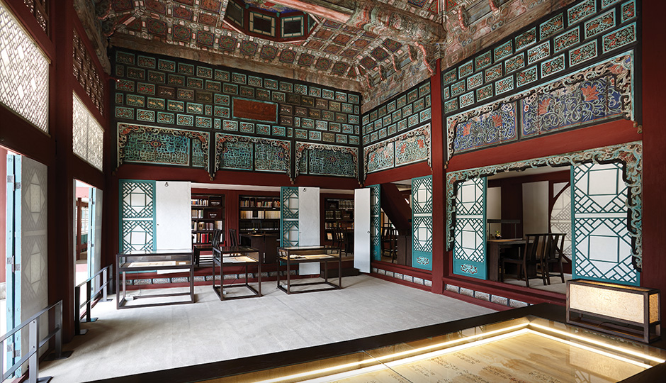 Stepping into a small library in the palace
