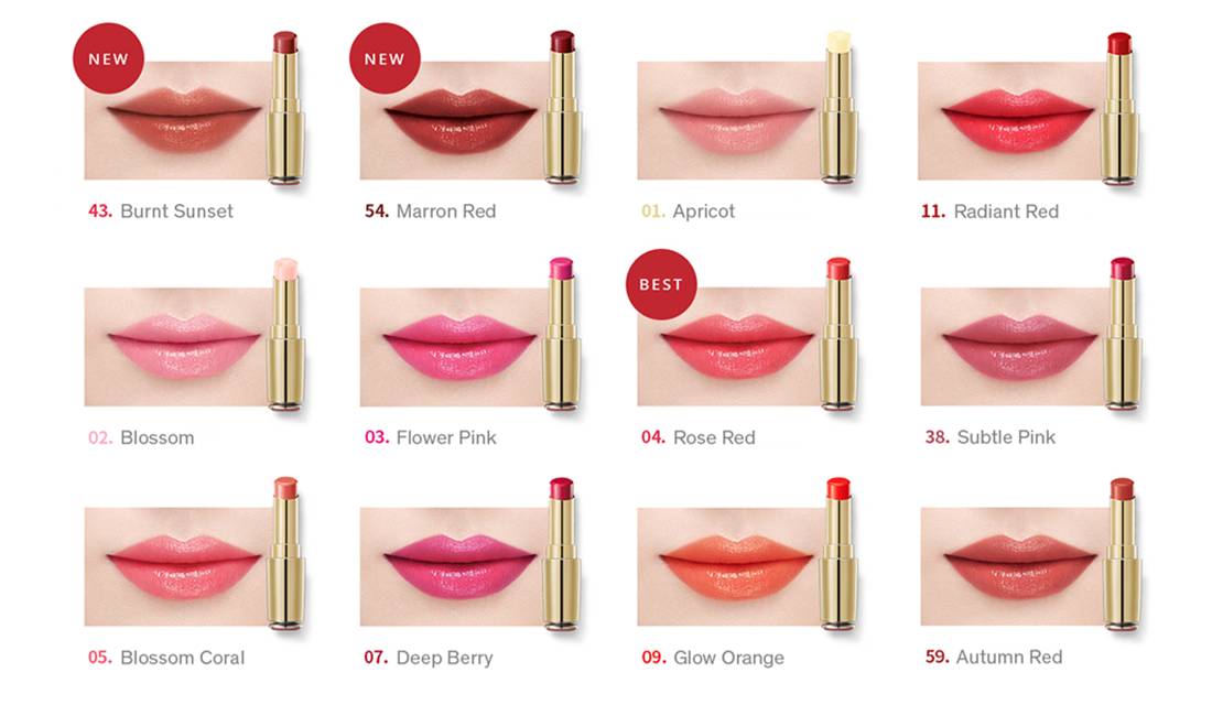 (NEW)43 Burnt Sunset, (NEW)54 Marron Red, 01 Apricot, 02 Blossom, 03 Flower Pink, 04 Rose Red, 05 Blossom Coral, 07 Deep Berry, 09 Glow Orange, 11 Radiant Red, 38 Subtle Pink, 59 Autumn Red